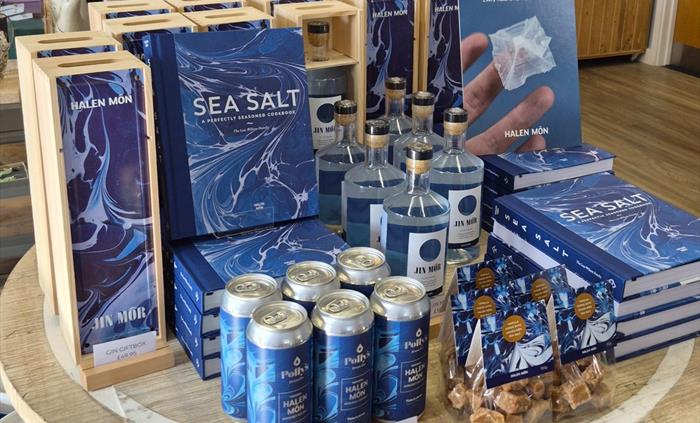 A table of marbled Halen Môn products at the Halen Môn Saltcote shop